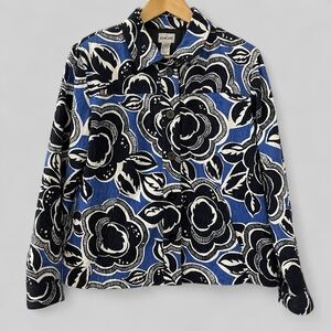 Chico’s Floral Jacket Womens Large Black Blue Button Long Sleeve Artsy